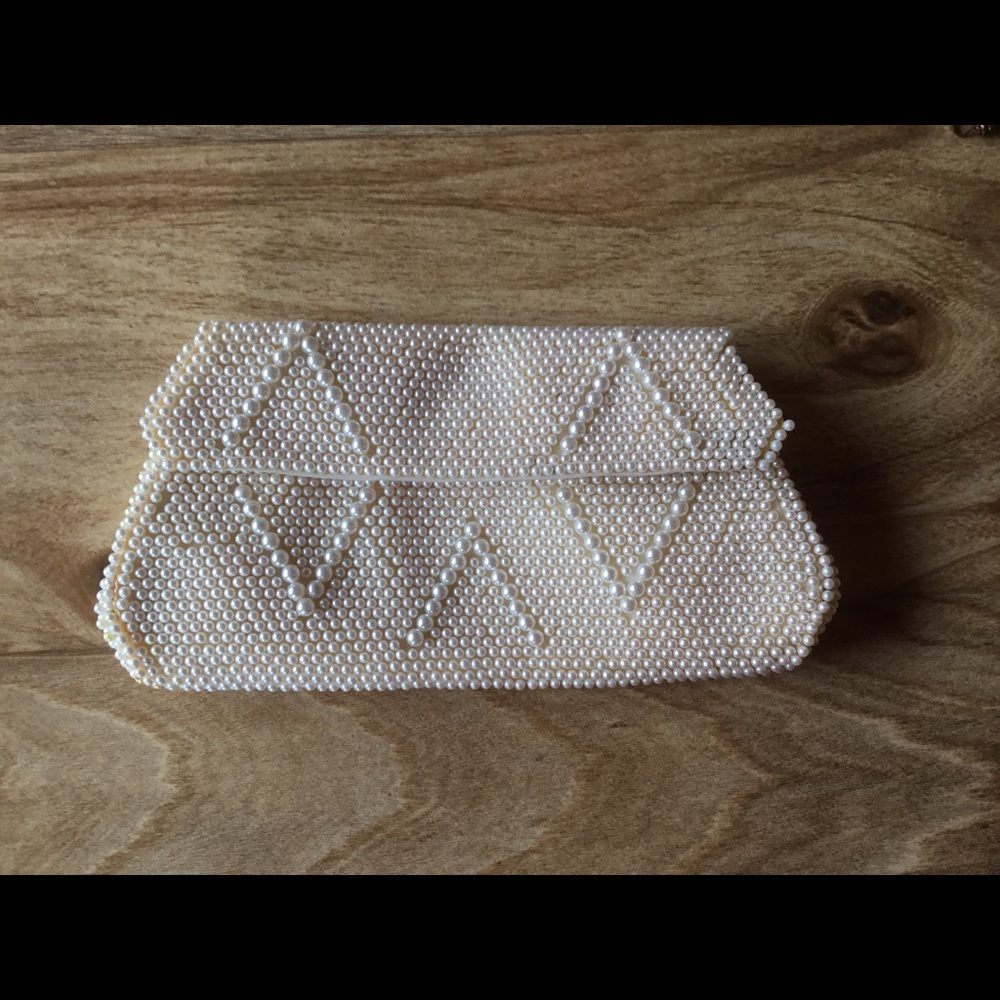 Vintage Cream Pearl Clutch Bag Purse Sharonee